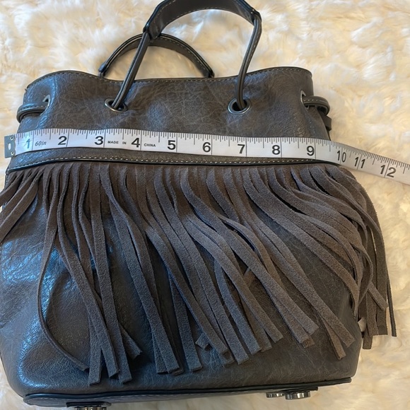 Simply Noelle embossed handbag with suede front fringe dark gray 2 hand handles - Picture 8 of 16